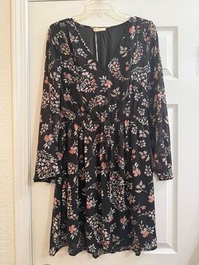 lovestitch Black Floral V-Neck Long Sleeve Dress with Pink Flowers